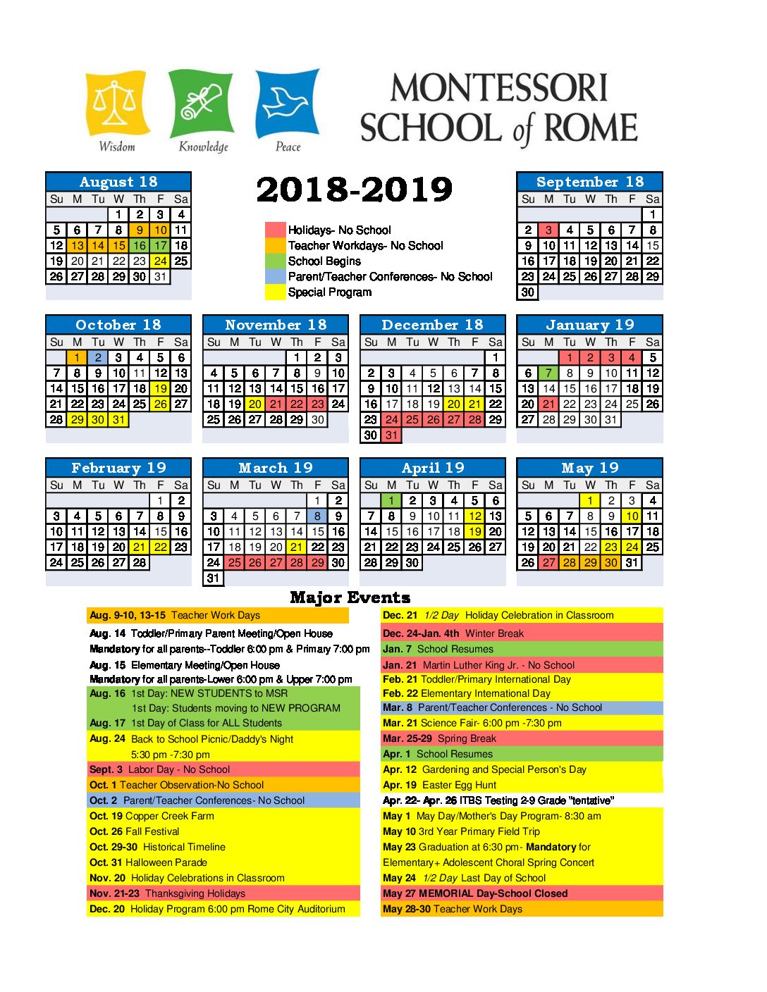 2018-2019 MSR Calendar - Montessori School of Rome